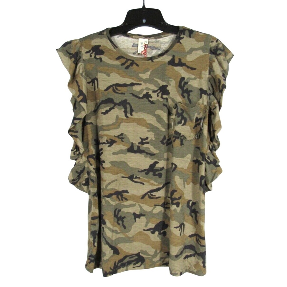 NWT HAYDEN Los Angles Green Camouflage JERSEY KNIT Ruffled TANK TOP T-SHIRT sz L